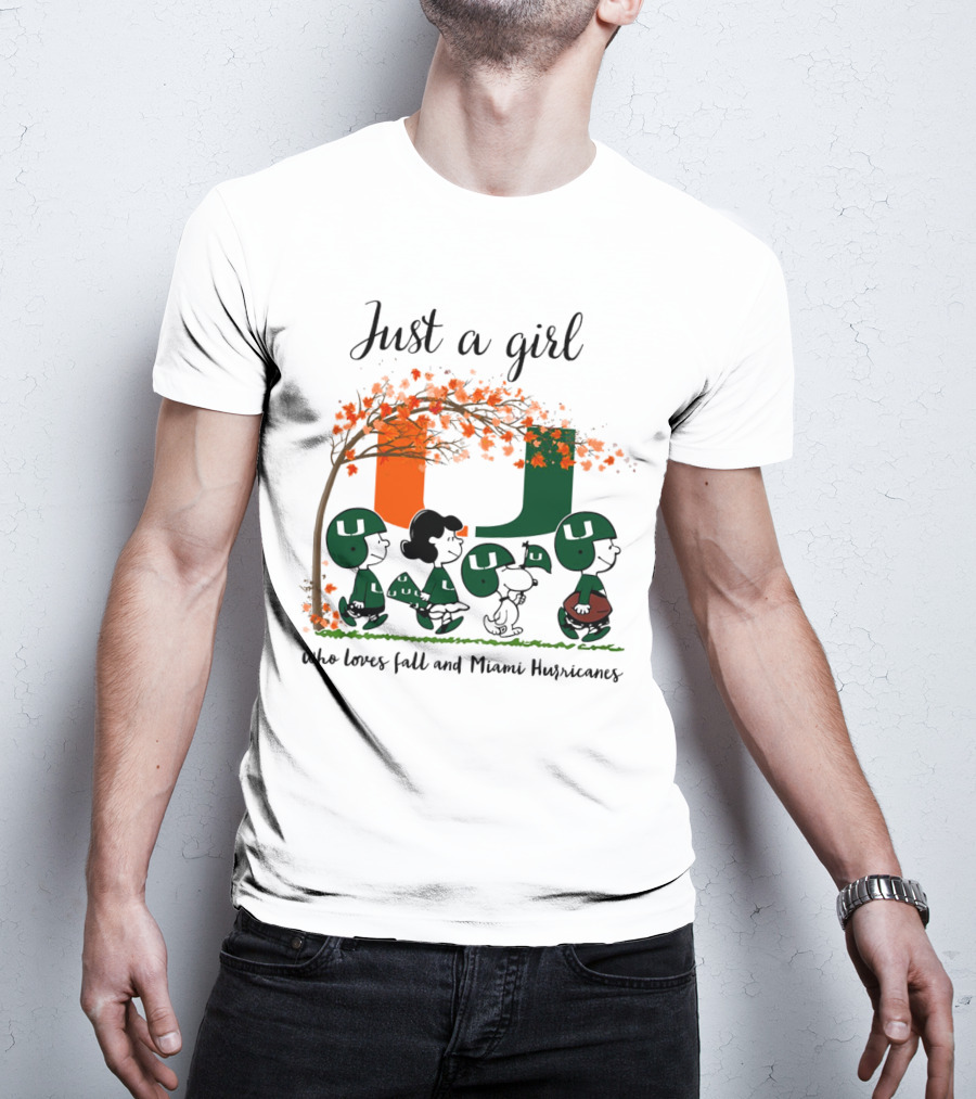 Just A Girl Who Loves Fall And Miami Hurricanes Peanuts Cartoon T-Shirt
