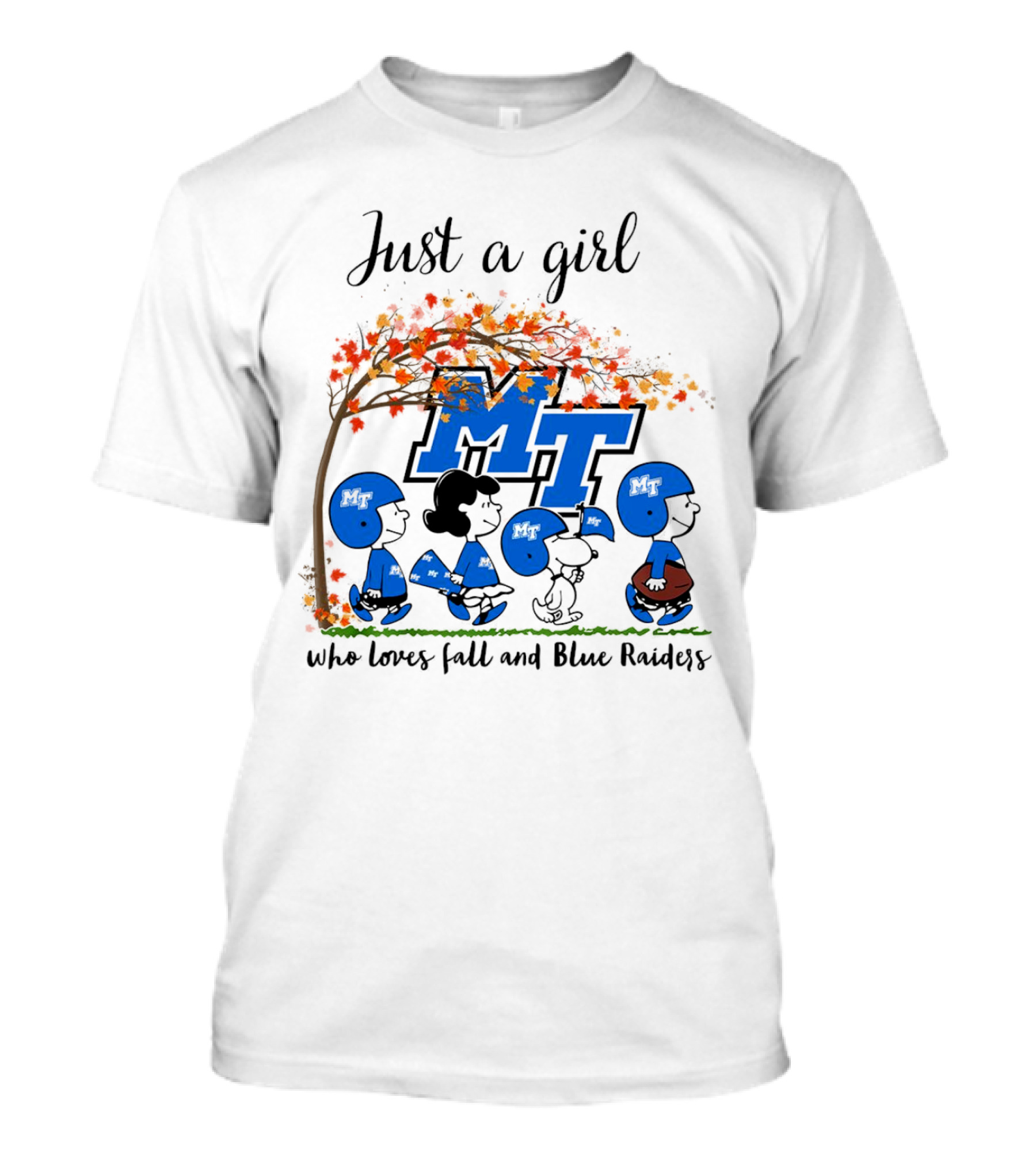 Just A Girl Who Loves Fall And Middle Tennessee Blue Raiders Peanuts Cartoon T-Shirt