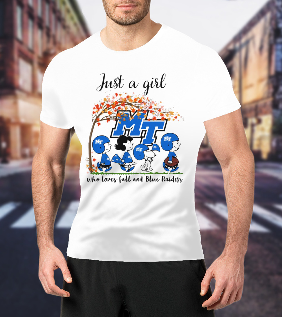 Just A Girl Who Loves Fall And Middle Tennessee Blue Raiders Peanuts Cartoon T-Shirt