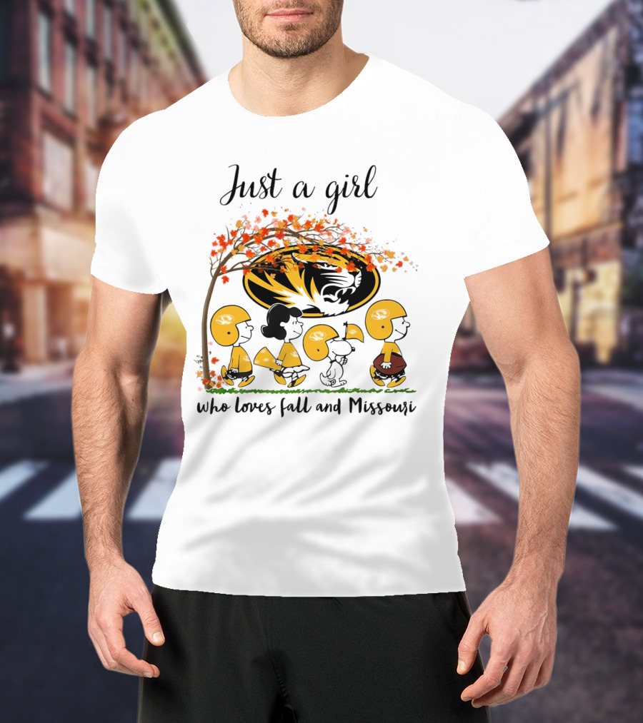 Just A Girl Who Loves Fall And Missouri Peanuts Cartoon Halloween Football Tiger Leaves T-Shirt