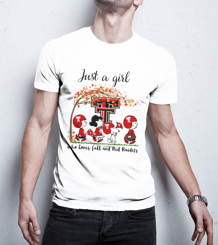 Just A Girl Who Loves Fall And Red Raiders Peanuts Cartoon Football Fans T-Shirt