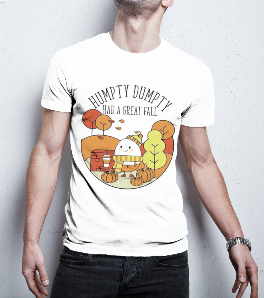 Humpty Dumpty Had A Great Fall Autumn Leaves Pumpkin Scarf Cafe Scene T-Shirt
