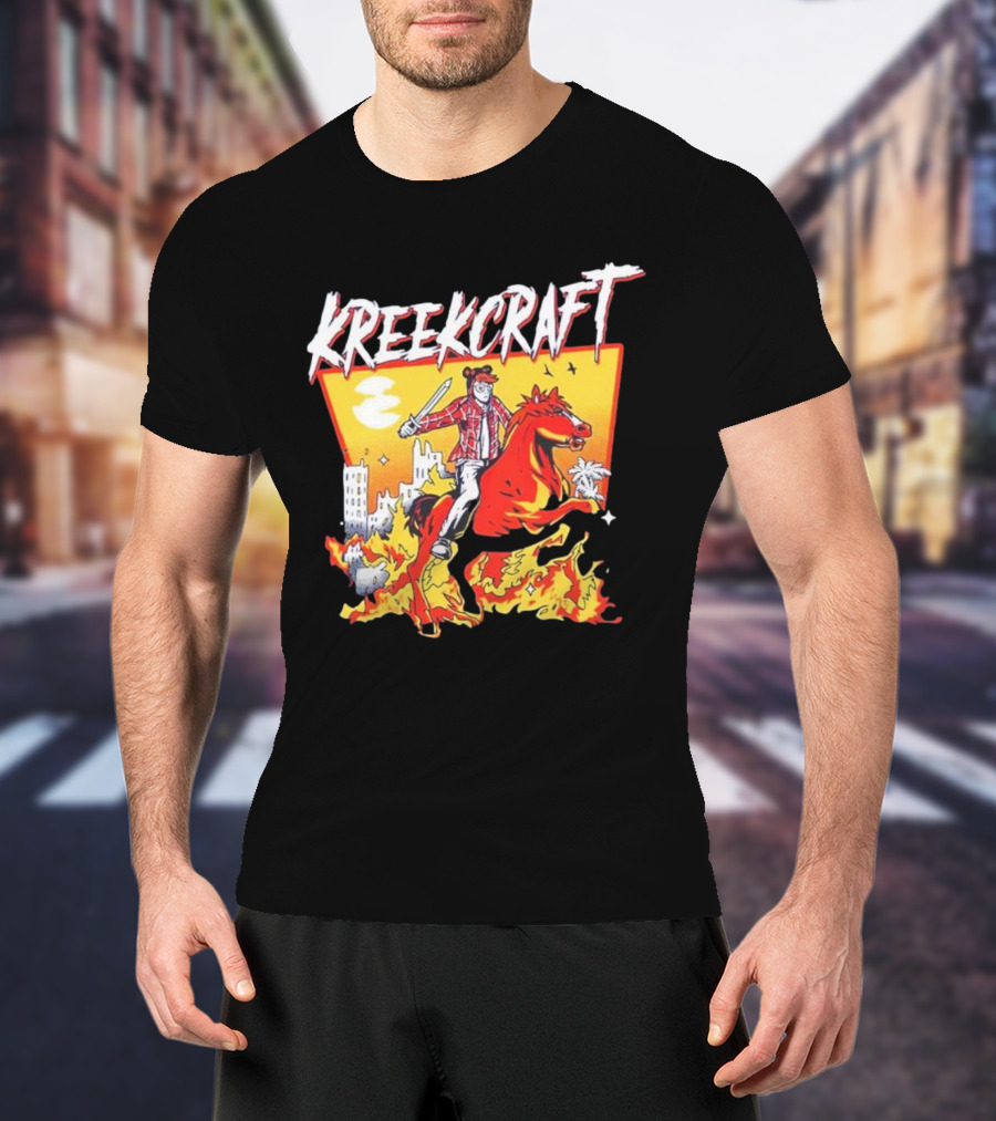 Kreekcraft Warrior Riding Fiery Horse In Urban Landscape T-Shirt