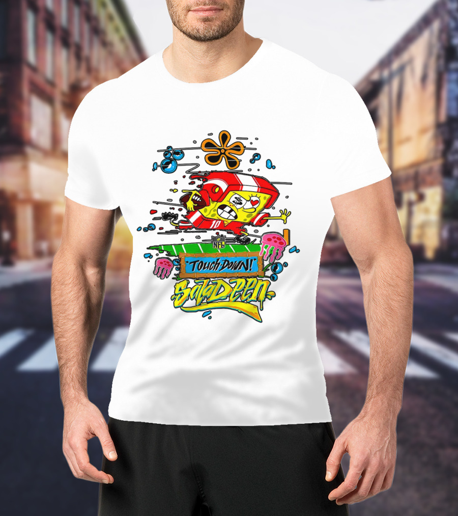 NFL Junk Food SpongeBob X King Saladeen Touchdown Saladeen Graffiti Art Football Character Burst T-Shirt