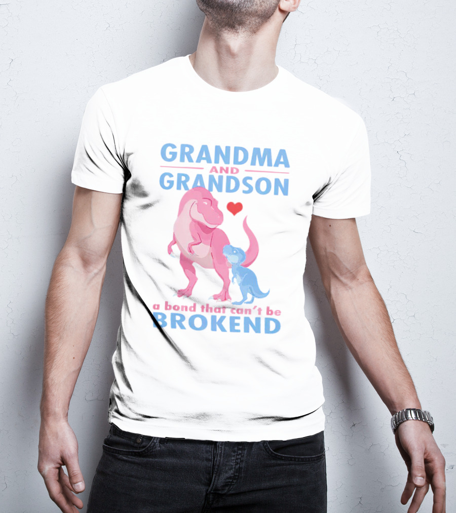 Grandma And Grandson A Bond That Can't Be Broken With Pink And Blue Dinosaurs And Heart T-Shirt
