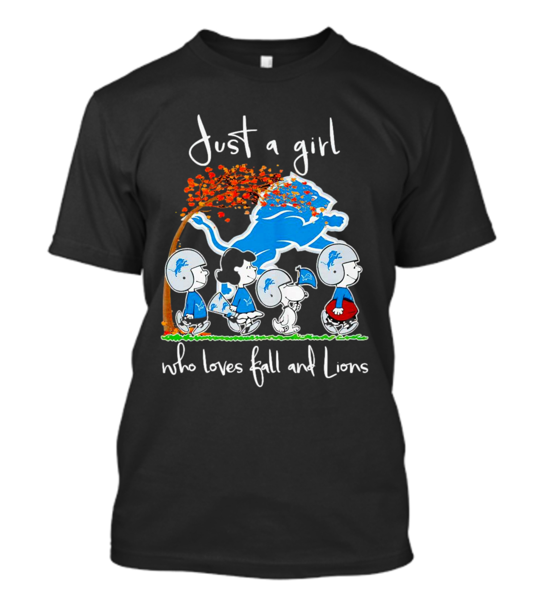 Snoopy Peanuts Just A Girl Who Loves Fall And Detroit Lions Football T-Shirt