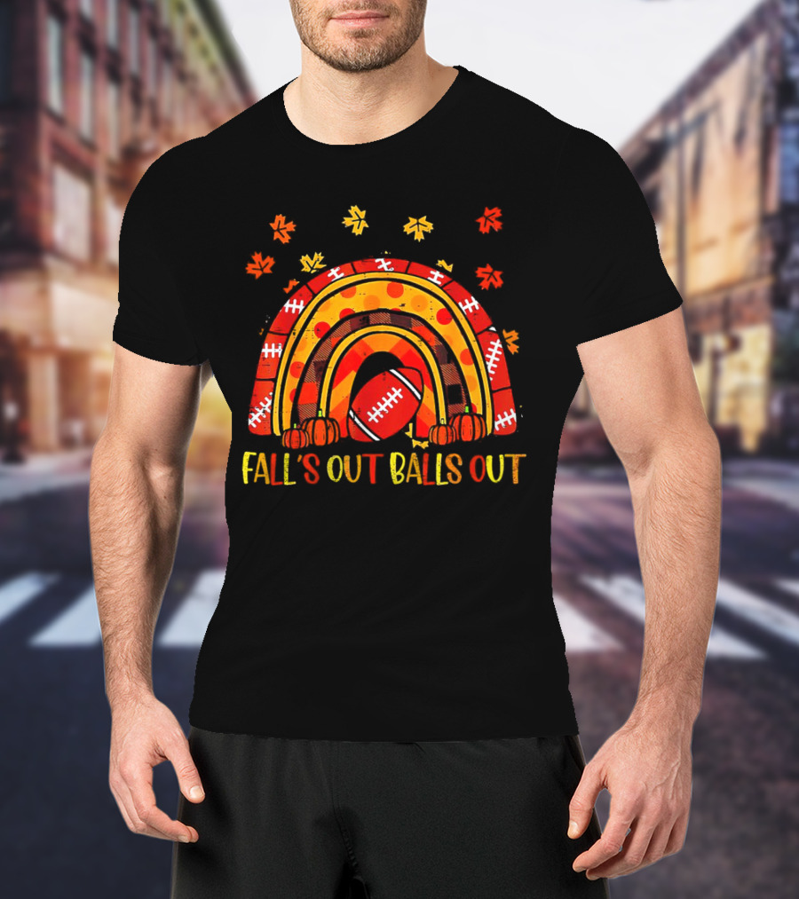 Fall's Out Balls Out Rainbow American Football Autumn Leaves T-Shirt