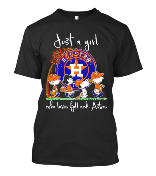 Just A Girl Who Loves Fall And Houston Astros Snoopy Peanuts Baseball Scene T-Shirt