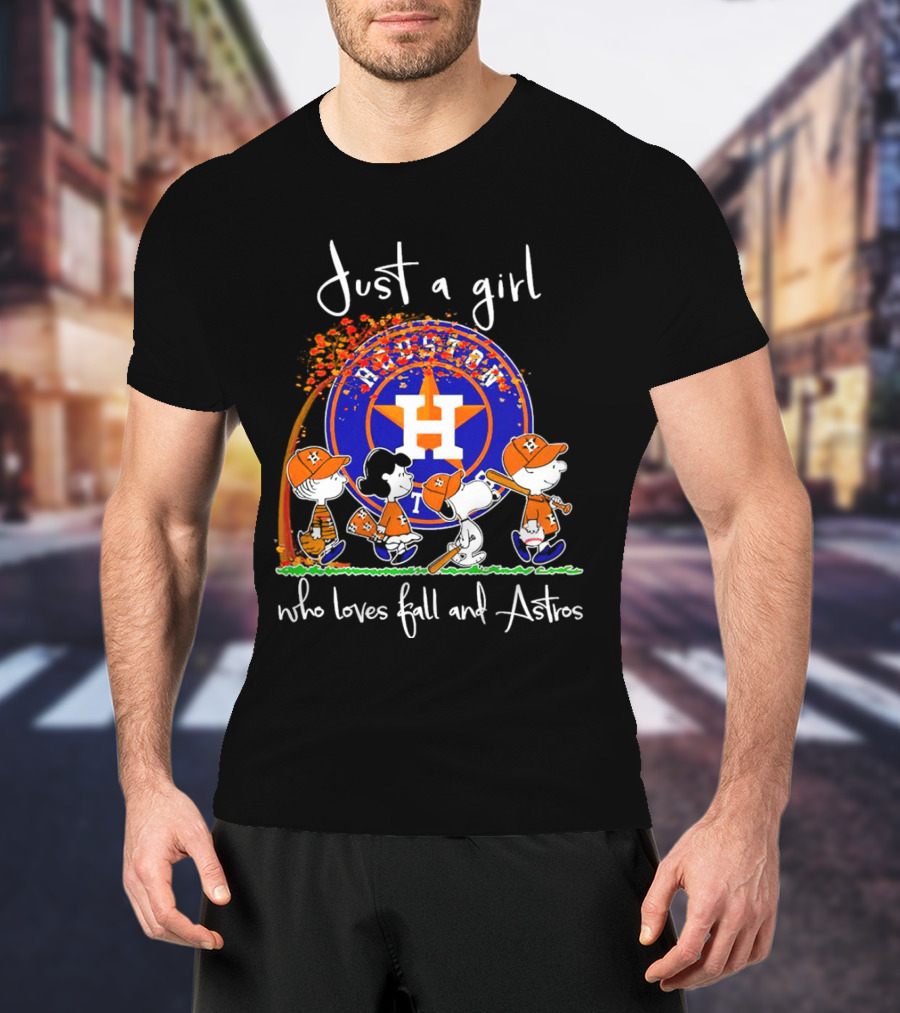Just A Girl Who Loves Fall And Houston Astros Snoopy Peanuts Baseball Scene T-Shirt