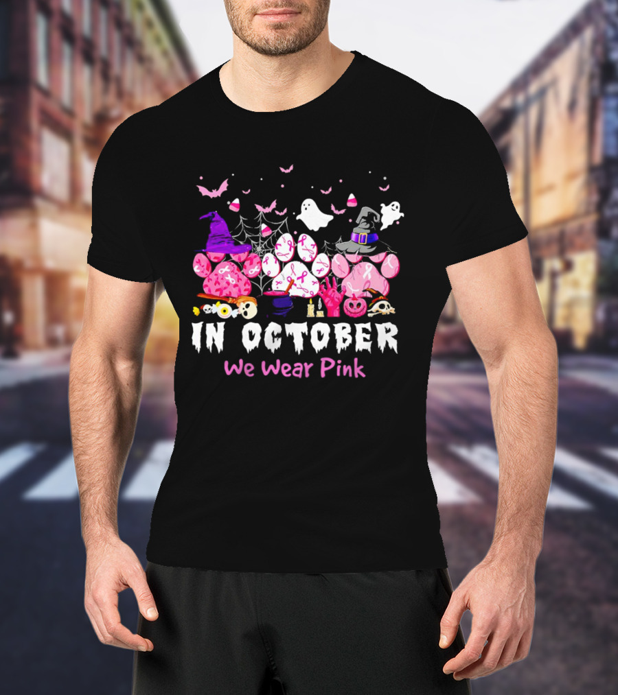In October We Wear Pink Halloween Dog Paws Ghost Witch Hat T-Shirt