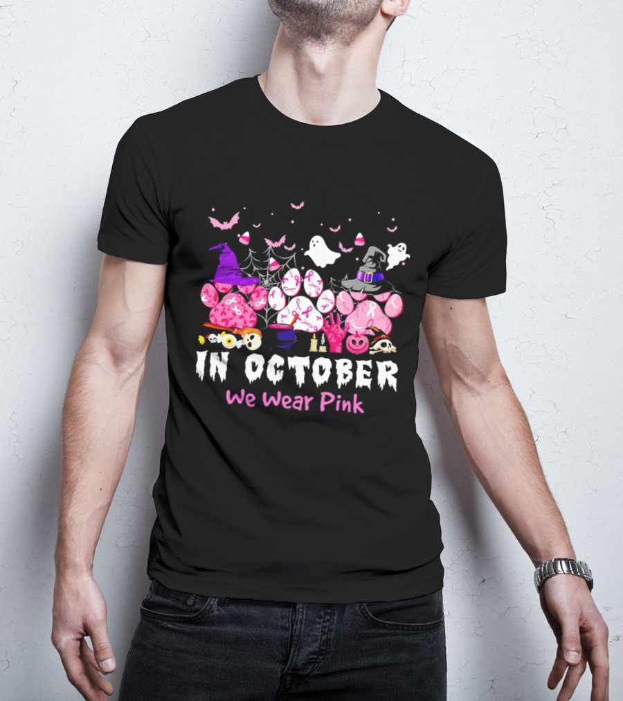 In October We Wear Pink Halloween Dog Paws Ghost Witch Hat T-Shirt