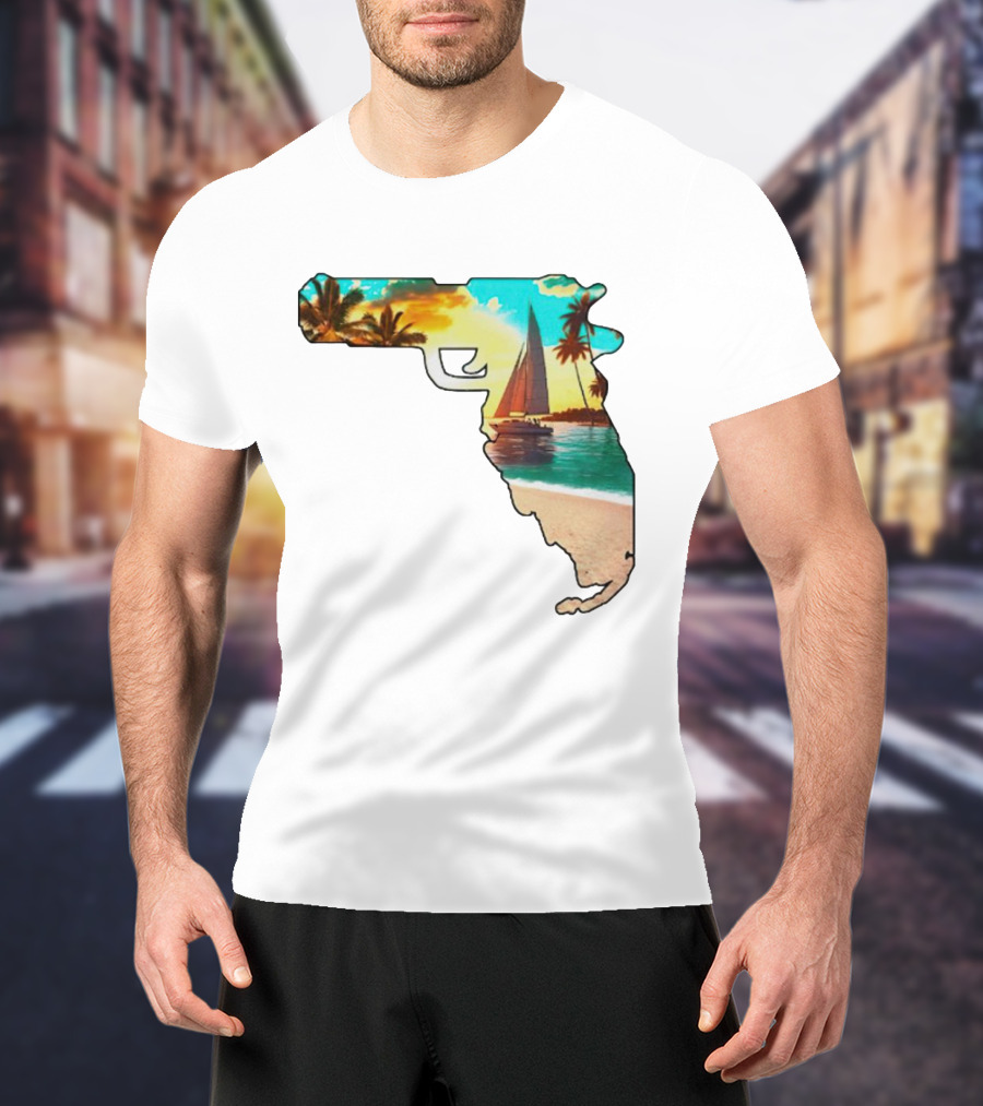 Florida Sunset Beach Sailboat Gun Shape T-Shirt