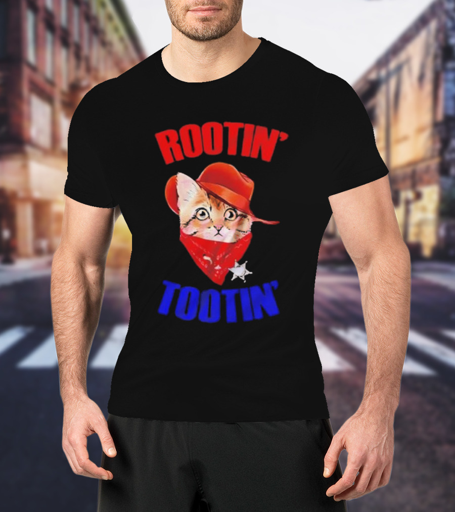 Rootin Tootin Cat Cowboy Vintage Red Hat And Bandana With Sheriff Star T-Shirt