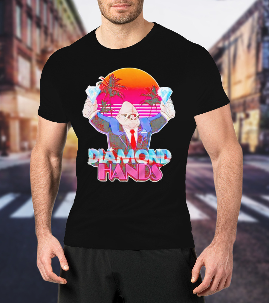 Diamond Hands Gorilla In Suit With Dollars And Vintage Sunset Background T-Shirt