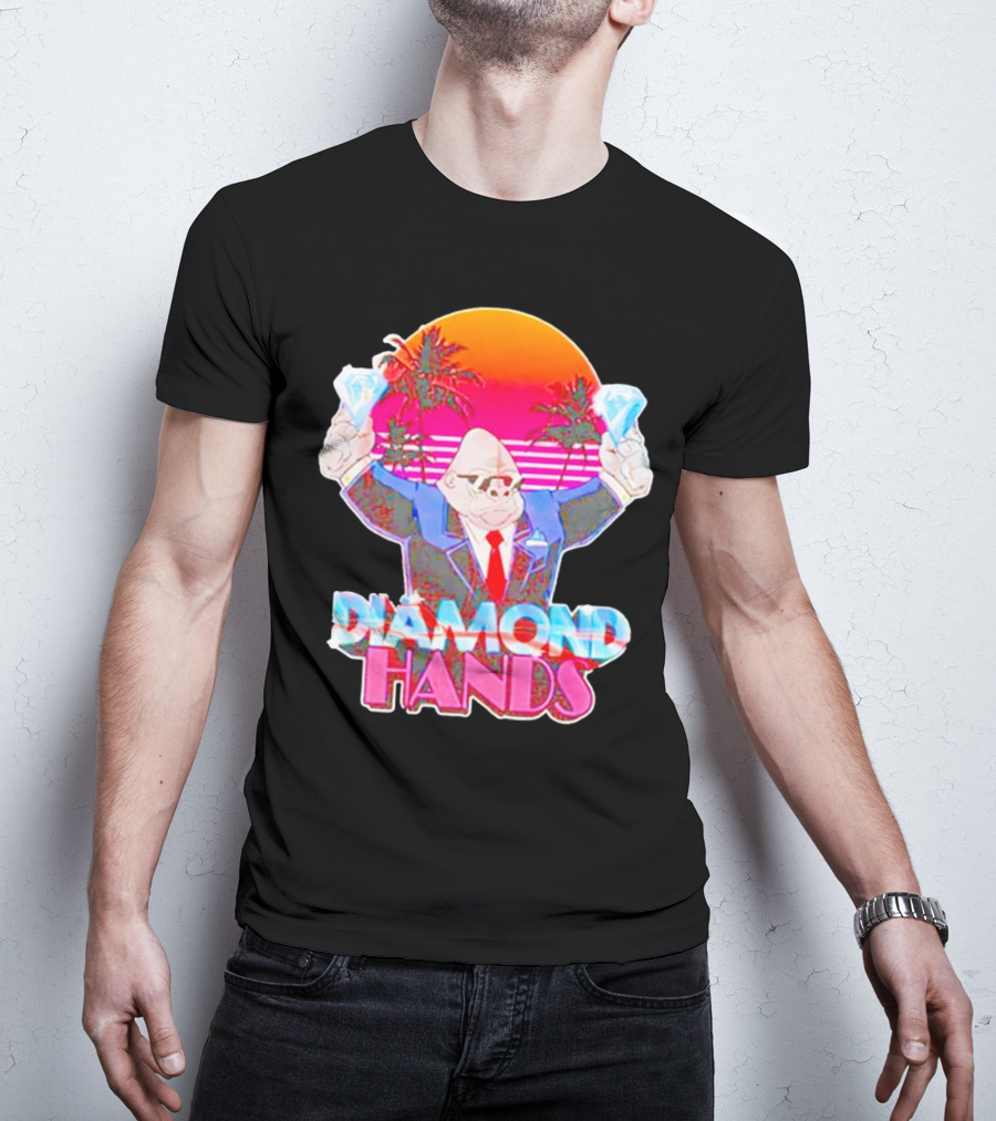 Diamond Hands Gorilla In Suit With Dollars And Vintage Sunset Background T-Shirt