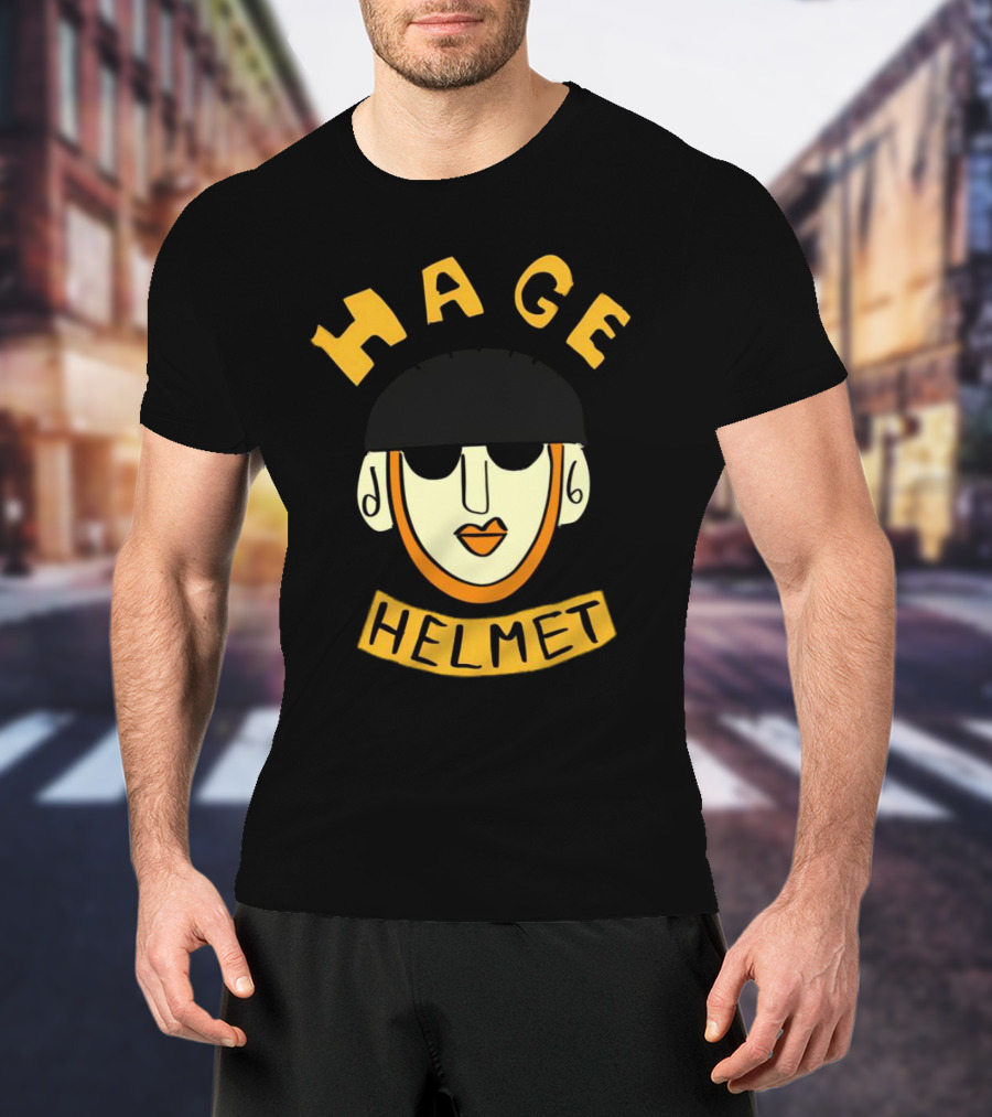 HAGE Helmet Face Black Cap Bold Lettering T-Shirt