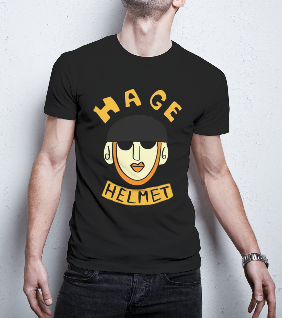 HAGE Helmet Face Black Cap Bold Lettering T-Shirt