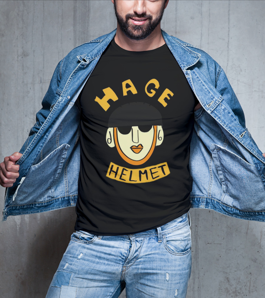 HAGE Helmet Face Black Cap Bold Lettering T-Shirt