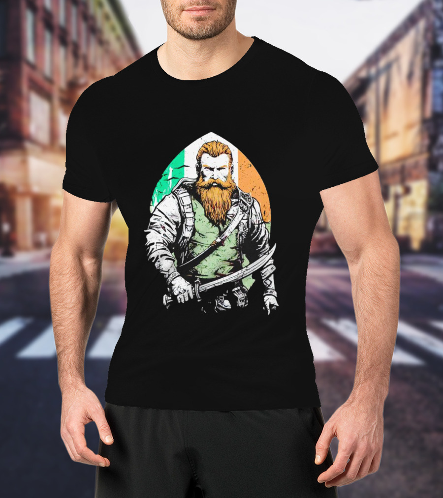 Irish American Pride Warrior With Sword And Flag Background T-Shirt