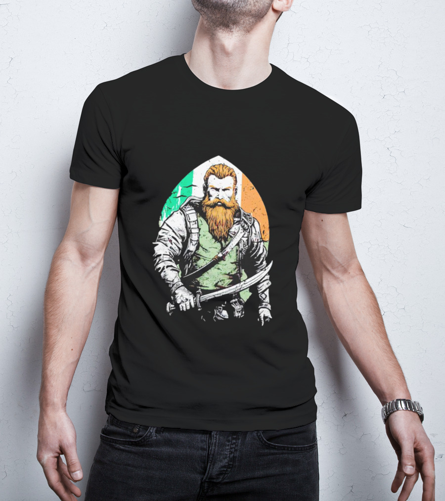 Irish American Pride Warrior With Sword And Flag Background T-Shirt