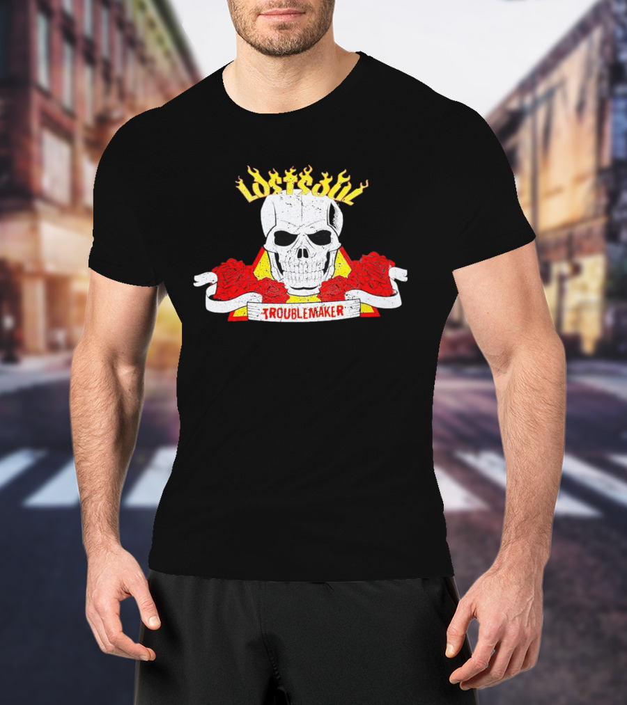 Lost Soul Skull With Flaming Text And Red Roses Troublemaker T-Shirt