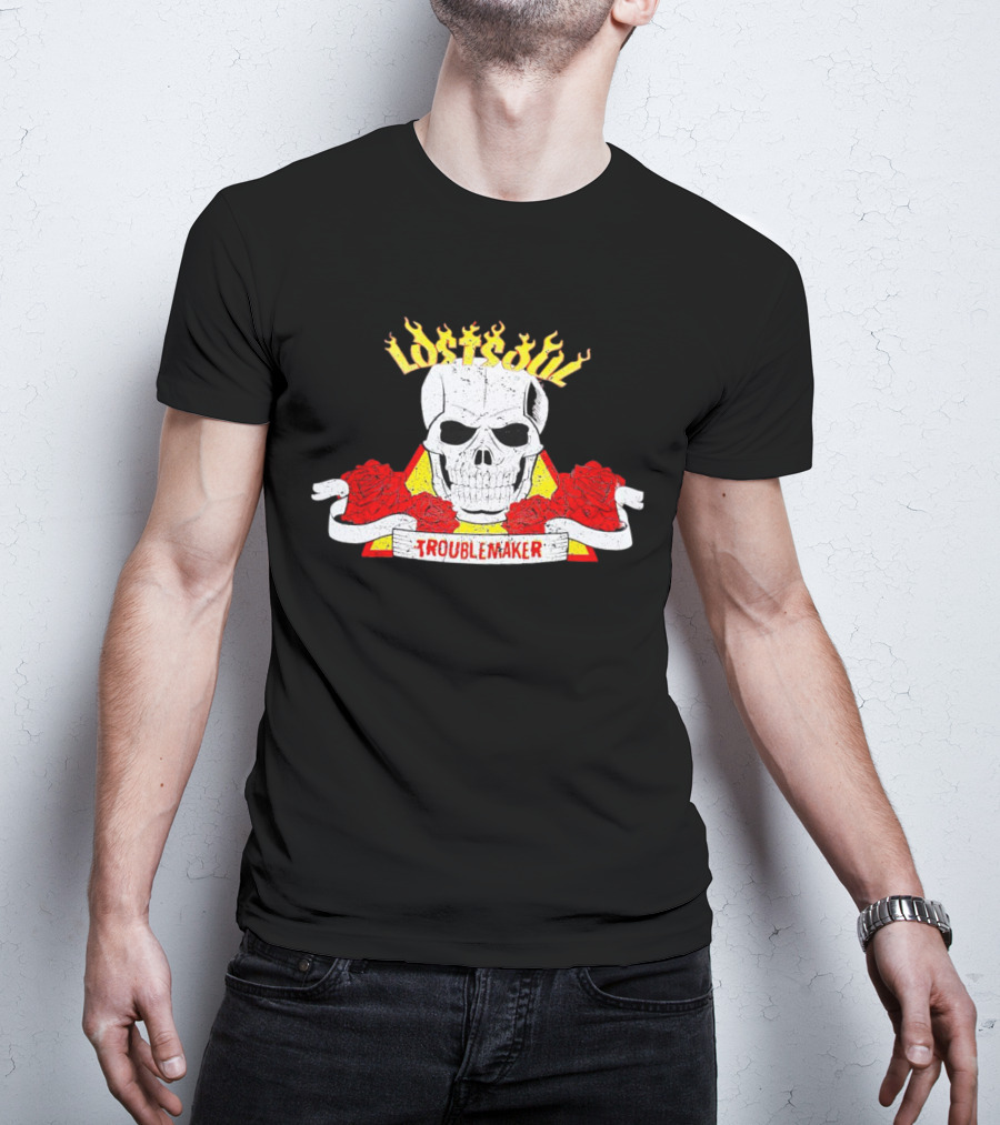 Lost Soul Skull With Flaming Text And Red Roses Troublemaker T-Shirt