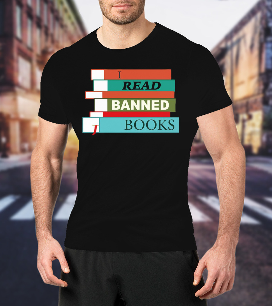I Read Banned Books Stacked Colorful Titles T-Shirt