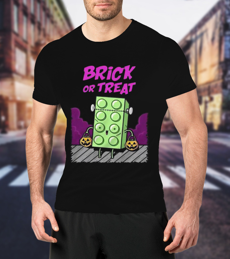 Brick Or Treat Halloween Green Block With Jack-o'-Lanterns Cartoon T-Shirt