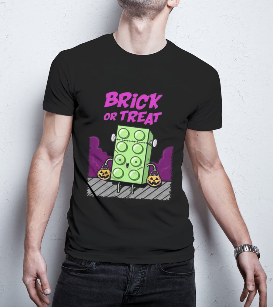 Brick Or Treat Halloween Green Block With Jack-o'-Lanterns Cartoon T-Shirt