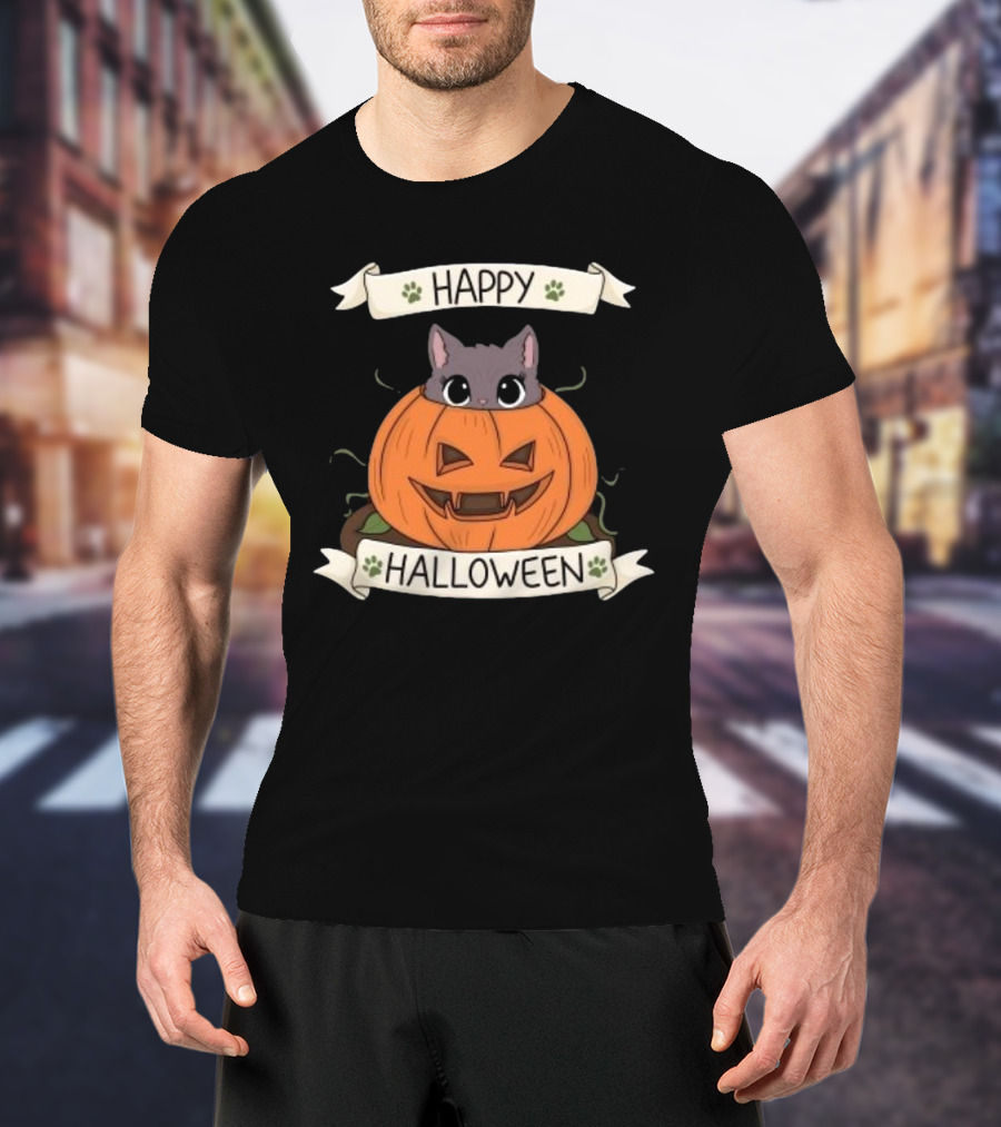 Happy Halloween Cute Cat In Pumpkin T-Shirt