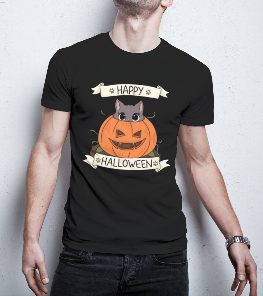 Happy Halloween Cute Cat In Pumpkin T-Shirt