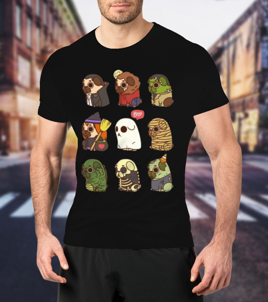Halloween Puglie Vampire Werewolf Zombie Witch Ghost Mummy Creature Skeleton Clown T-Shirt