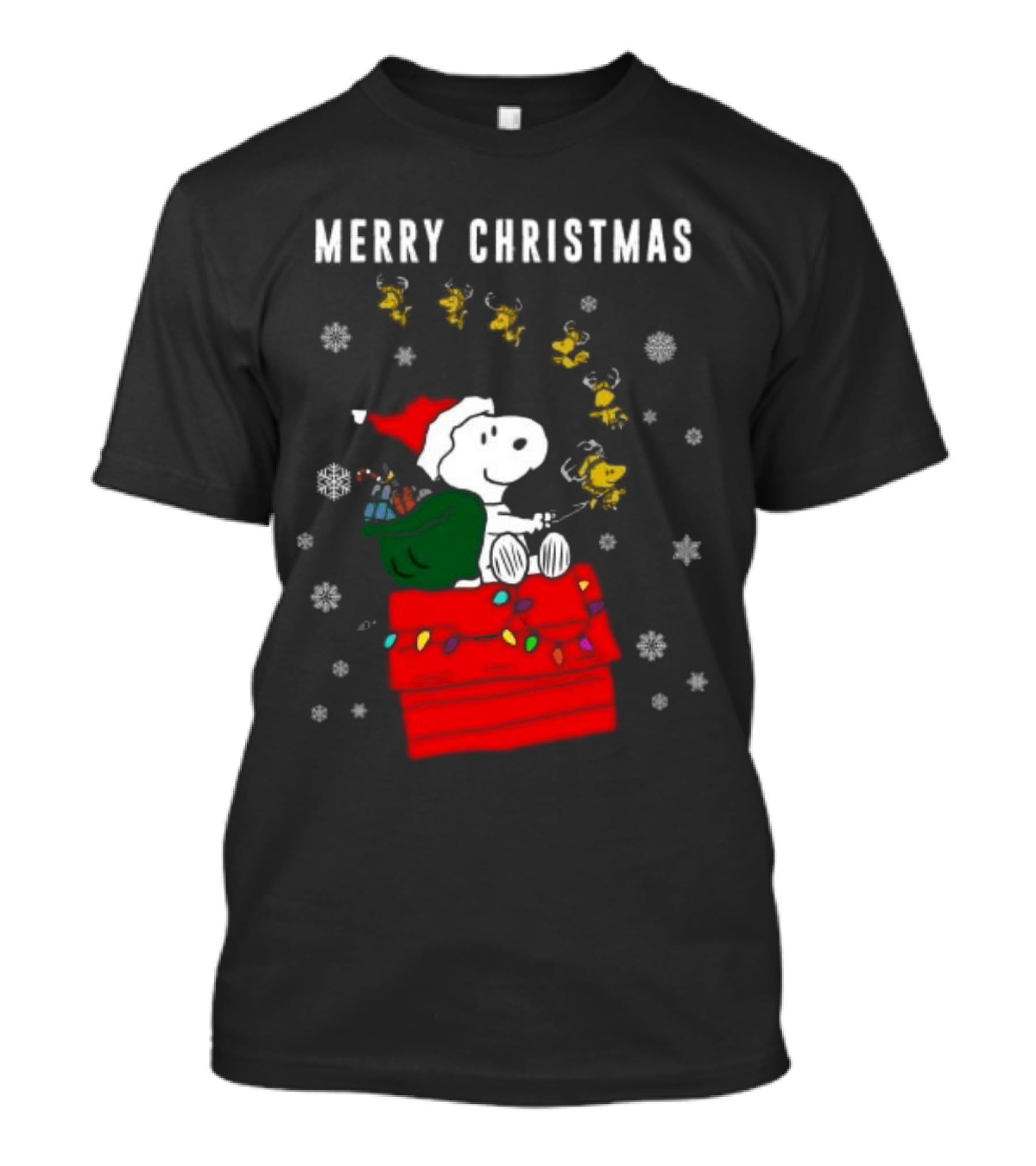 Merry Christmas Snoopy Santa On Doghouse With Reindeer And Snowflakes T-Shirt