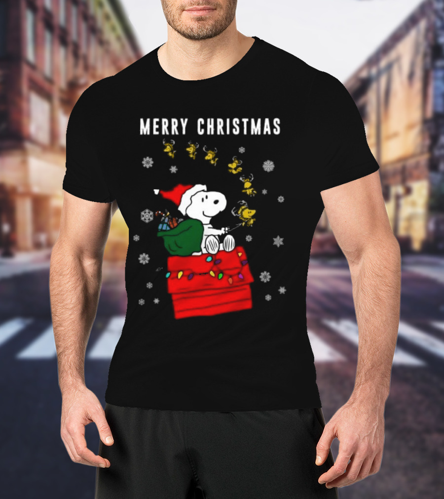 Merry Christmas Snoopy Santa On Doghouse With Reindeer And Snowflakes T-Shirt