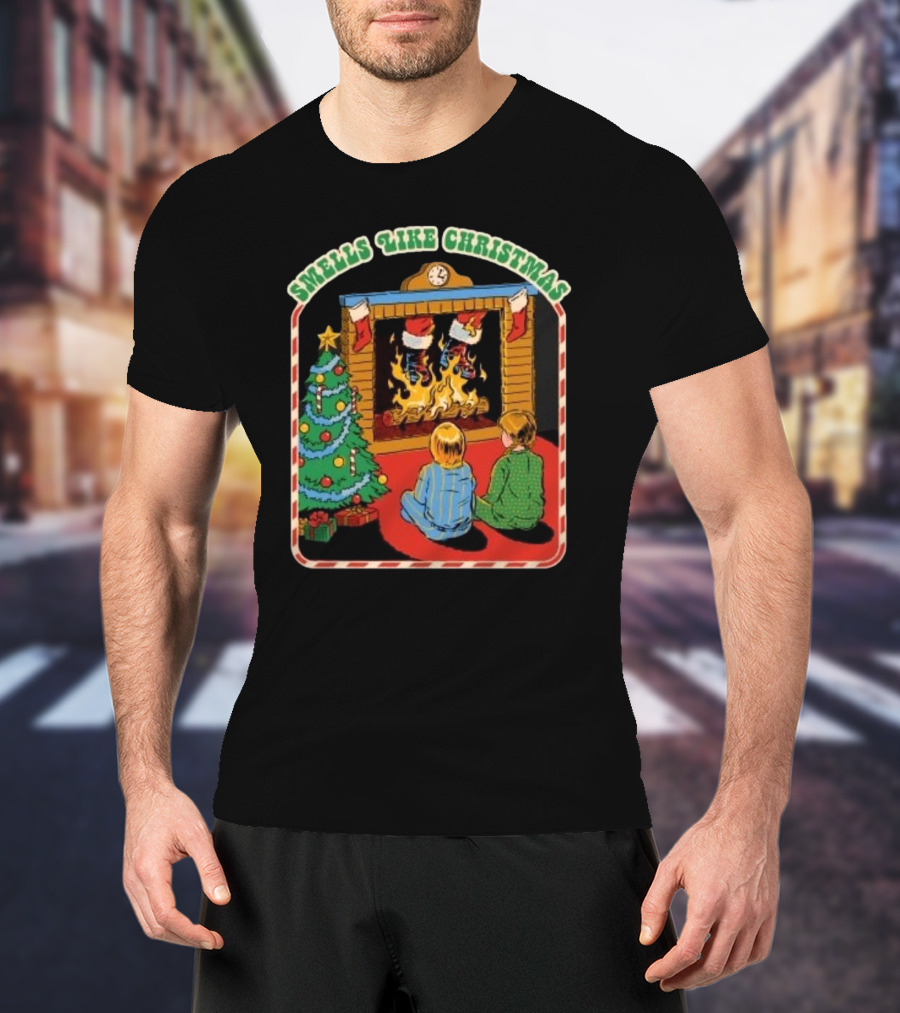 Smells Like Christmas By The Fireplace With Christmas Tree And Stockings T-Shirt