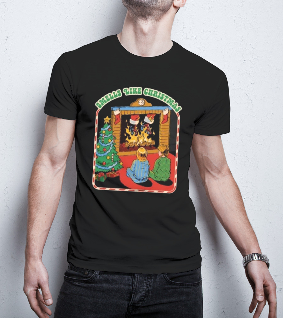 Smells Like Christmas By The Fireplace With Christmas Tree And Stockings T-Shirt