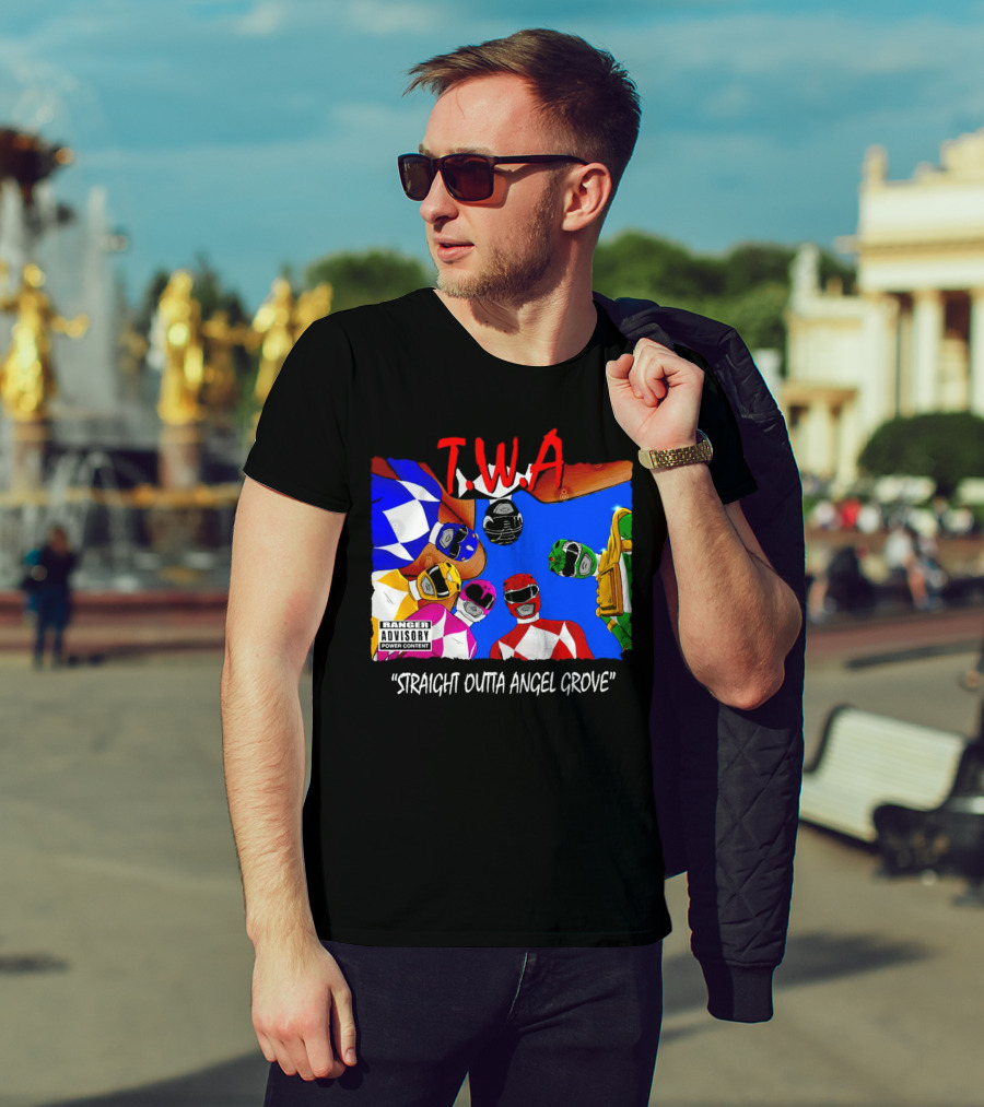 T.W.A Mighty Morphin Power Rangers Straight Outta Angel Grove Ranger Advisory Power Content T-Shirt