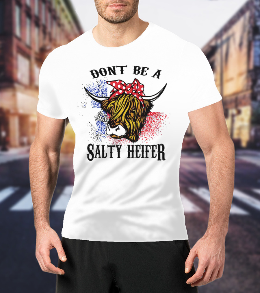 Don't Be A Salty Heifer Highland Cow With American Flag Colors T-Shirt