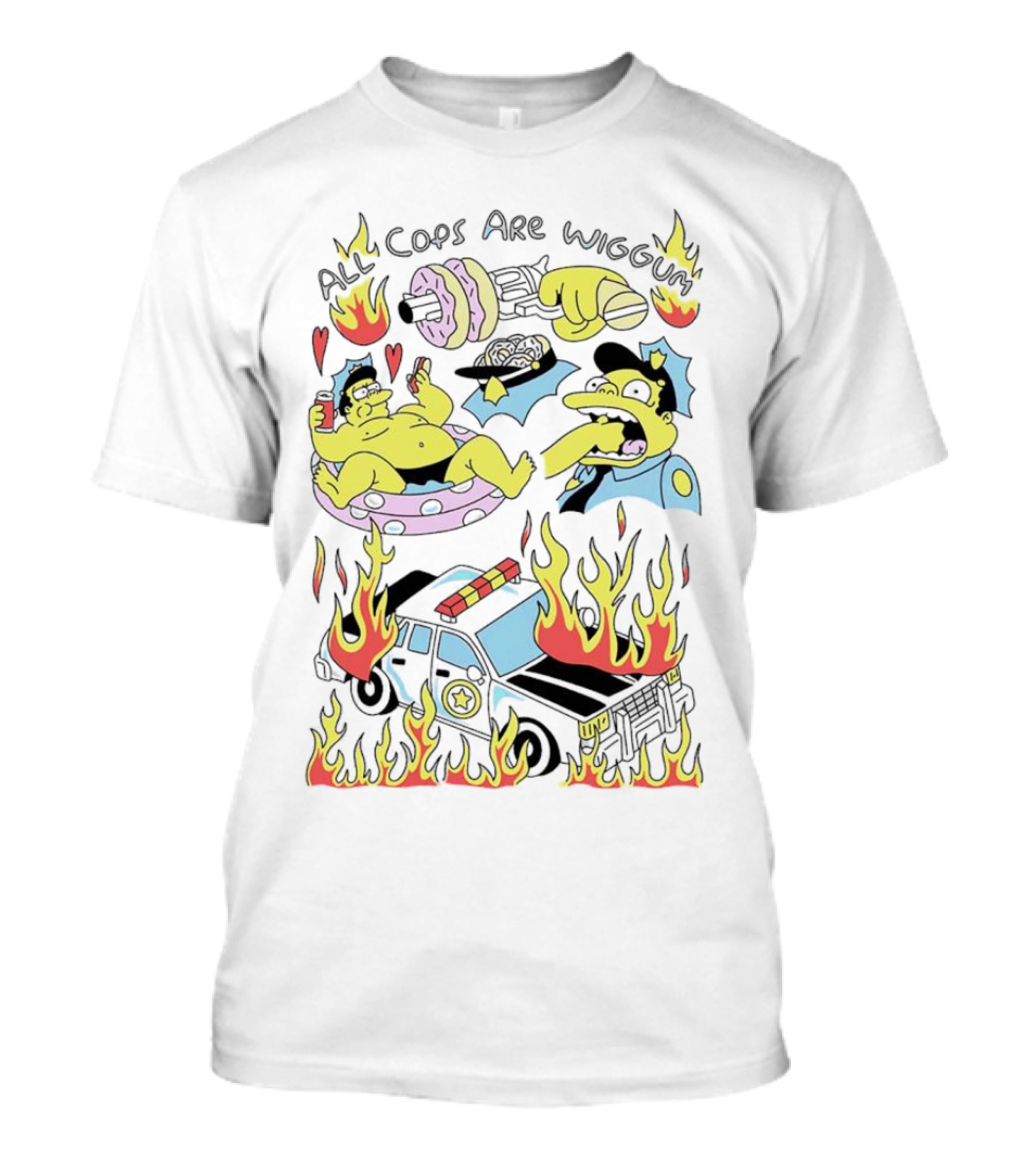 The Simpsons All Cops Are Wiggum Donuts Fire Flames Police Car T-Shirt