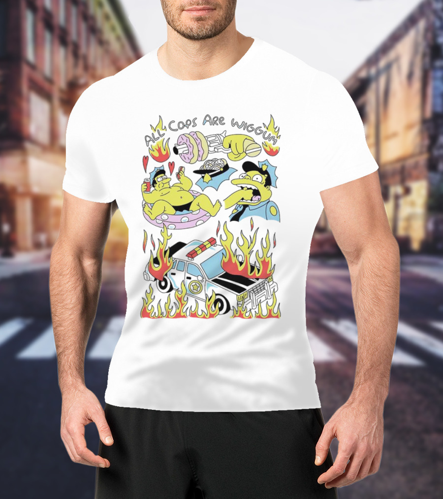 The Simpsons All Cops Are Wiggum Donuts Fire Flames Police Car T-Shirt