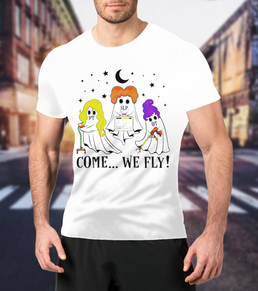 Hocus Pocus Come We Fly PT SLP OT Halloween Ghosts Black Cloaks Moon Stars T-Shirt