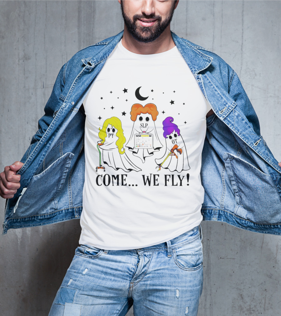 Hocus Pocus Come We Fly PT SLP OT Halloween Ghosts Black Cloaks Moon Stars T-Shirt