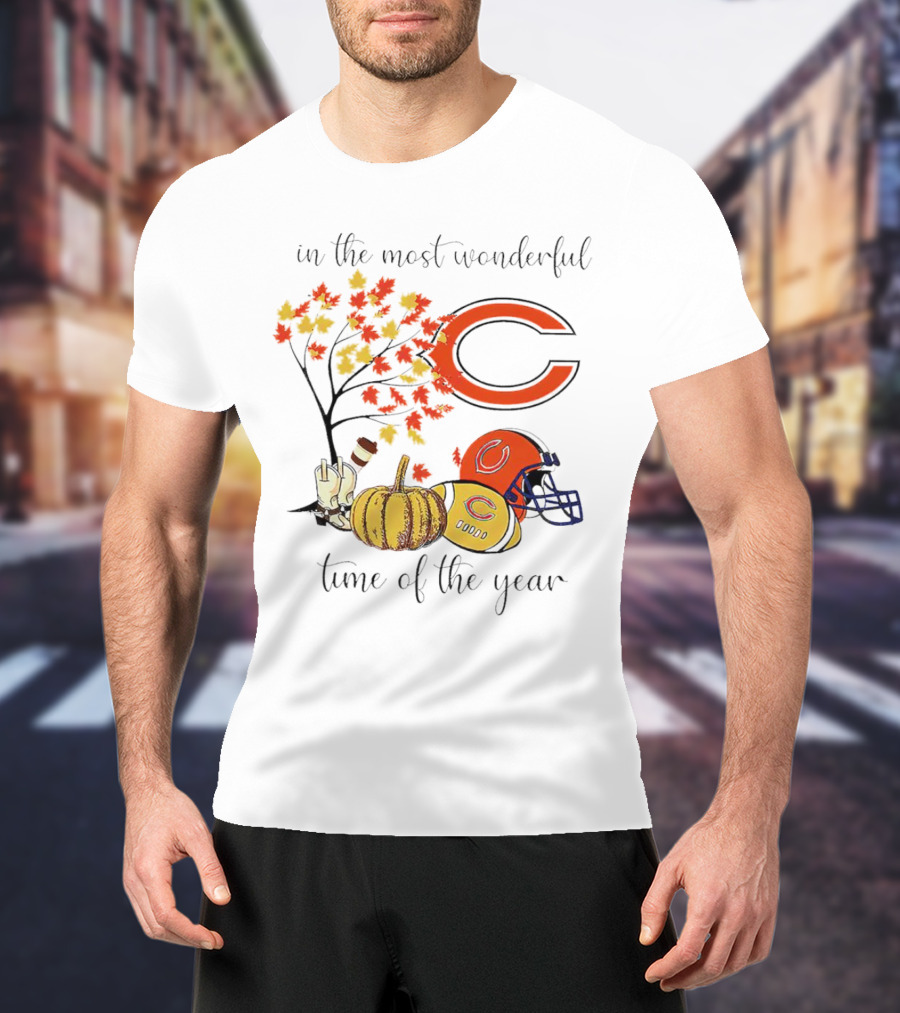 In The Most Wonderful Time Of The Year Chicago Bears Thanksgiving Helmets And Autumn Leaves T-Shirt