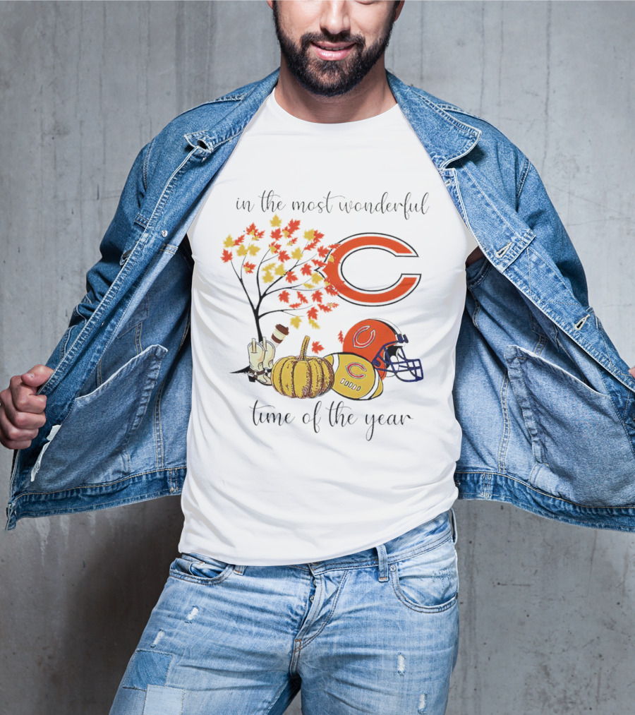 In The Most Wonderful Time Of The Year Chicago Bears Thanksgiving Helmets And Autumn Leaves T-Shirt