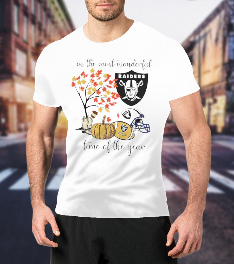 In The Most Wonderful Time Of The Year Raiders Football Thanksgiving Celebration With Autumn Leaves And Pumpkin T-Shirt