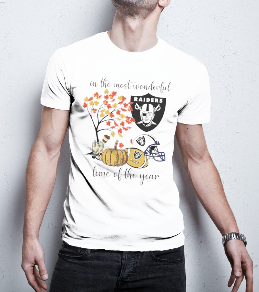 In The Most Wonderful Time Of The Year Raiders Football Thanksgiving Celebration With Autumn Leaves And Pumpkin T-Shirt