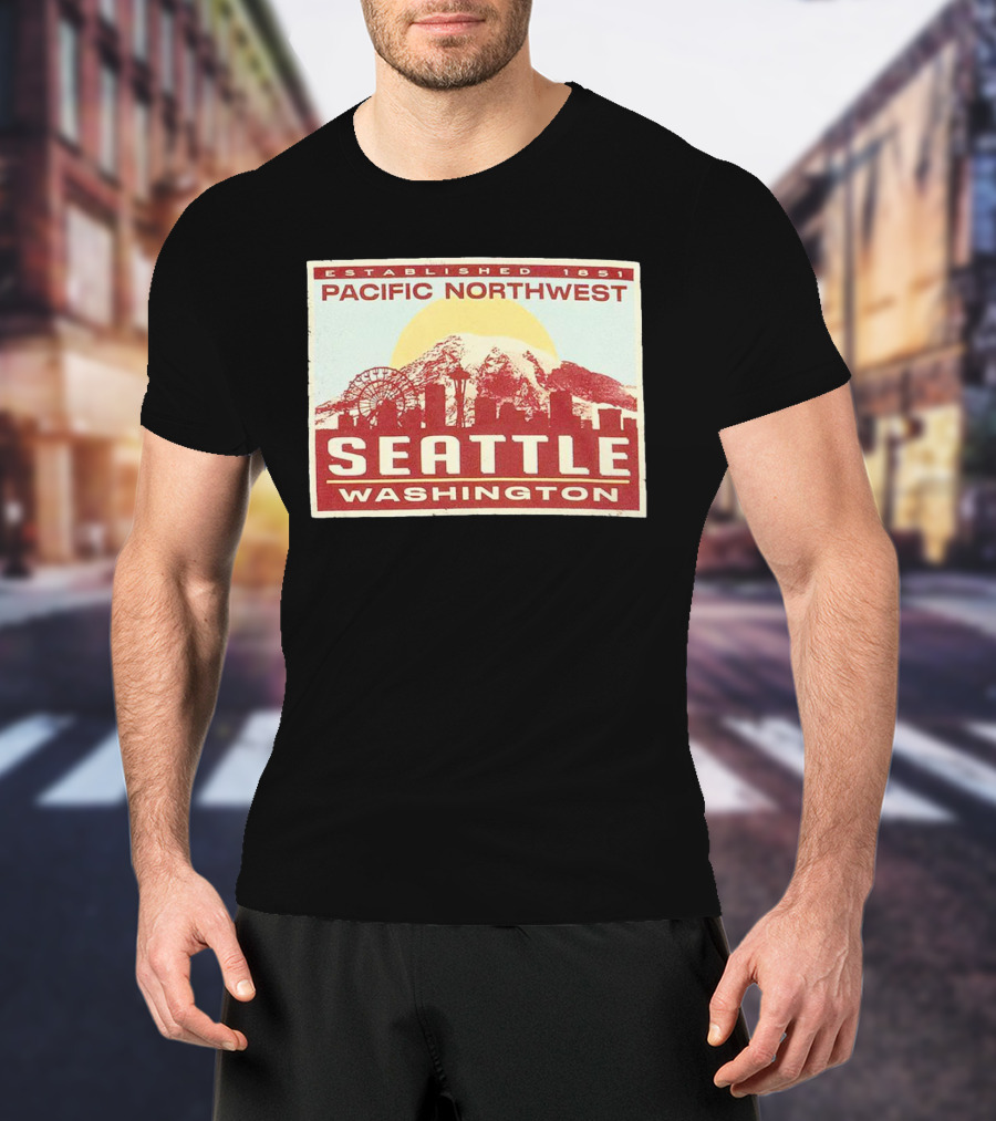 Seattle Pacific Northwest Established 1851 Washington Skyline Ferris Wheel Sun Mountain T-Shirt