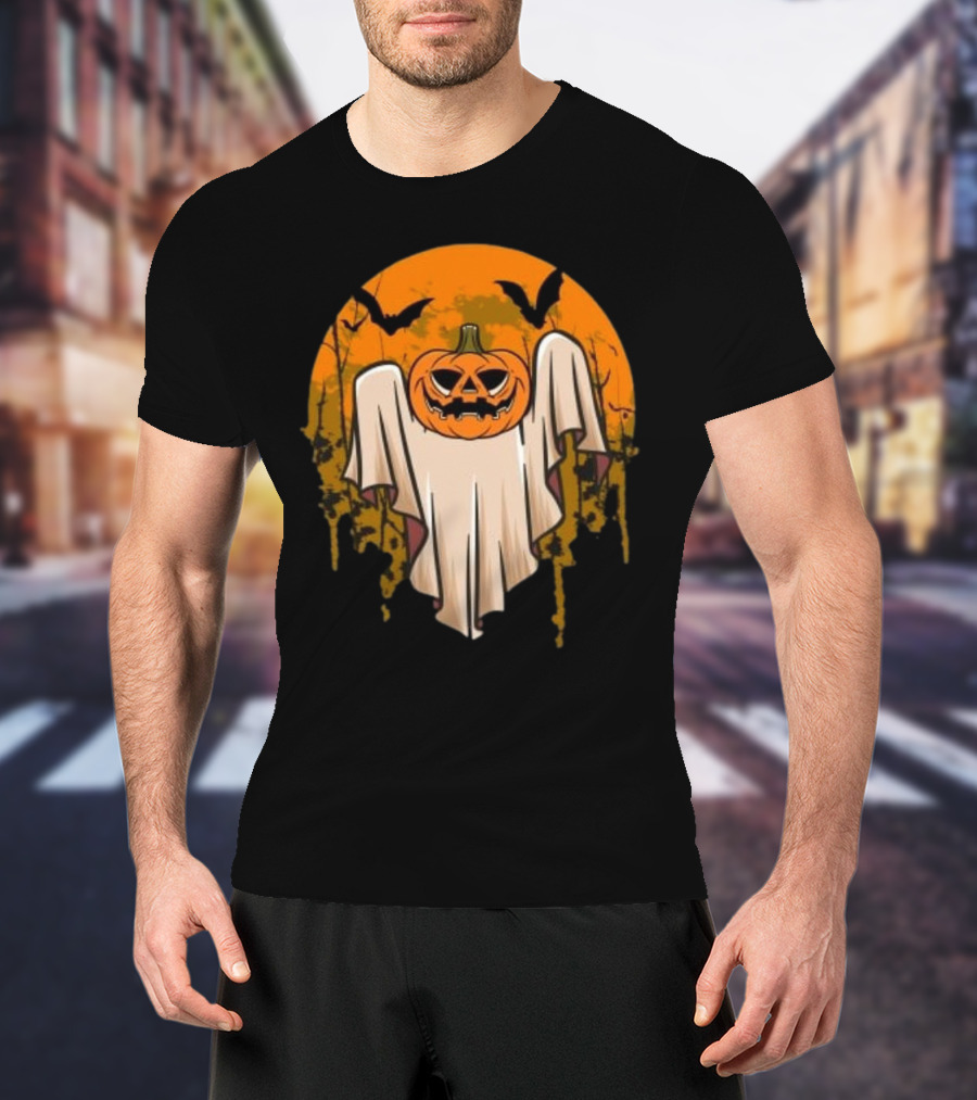 Ghostly Pumpkin Head With Bats And Full Moon T-Shirt