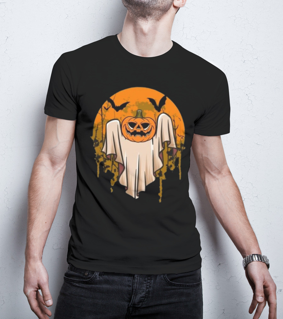 Ghostly Pumpkin Head With Bats And Full Moon T-Shirt