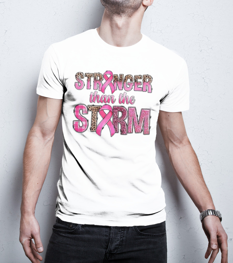 Stronger Than The Storm Breast Cancer Awareness Pink Ribbon Leopard Zebra Print T-Shirt